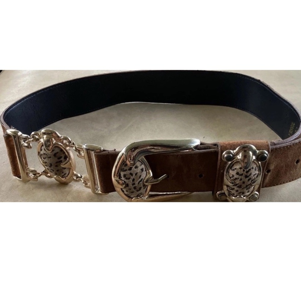 Genuine Leather Belt With Gold Buckle And Gold/ Leopard Decor Ornaments Size S